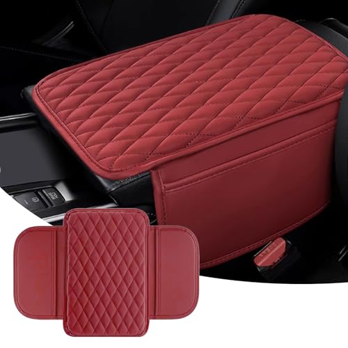 Car Center Console Cover, Upgraded Leather Arm Rest Cover for Car SUV, Car Middle Armrest Console Cover with 2 Storage Bags Scratch Resistant Waterproof Universal Car Accessories (Red) - color: Red