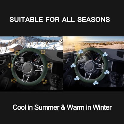 Suede Steering Wheel Cover with Upgraded Silicone Inner Ring, Breathable, Anti-Slip, Leather Universal 14.5 to 15 Inch Steering Wheel Cover (Green with Embossing Pattern) - style: Green with Embossing Pattern