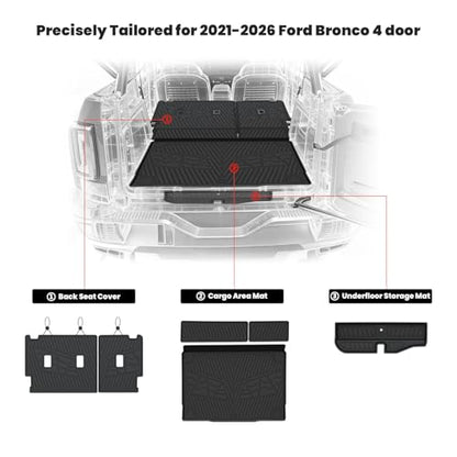 LASFIT Cargo Mat+Rear Back Seat Protector+Underfloor Storage Mat for Ford Bronco 4-Door 2021-2026 TPE All Weather Protection Liners Waterproof Backrest Mat Custom Fit Non-Slip Easy Clean - style: 4) Bronco 4-door| 21-25 | Cargo Liners + Backrest Mat