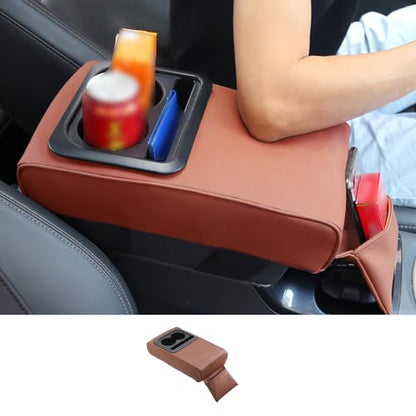 PU Leather Armrest Cushion with Cup Holder, Car Center Console Pad with Front Storage Pocket, Elbow Rest Pillow, Universal Car Armrest Seat Box Cover Protector - Brown - color: Brown