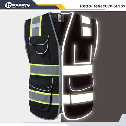 JKSafety 9 Pockets High Visibility Zipper Front MESH Black Safety Vest | Black with Dual Tone High Reflective Strips | ANSI/ISEA Standards (100-Black, M) - color: Mesh-black, size: Medium