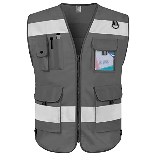 TCCFCCT Hi Vis Vest 9 Pockets High Visibility Reflective Safety Vest for Men Women, Safety Construction Vest with Reflective Strips, Meets ANSI/ISEA Standards, (Grey, Medium) - color: Grey Fabric-bison 001, size: Medium