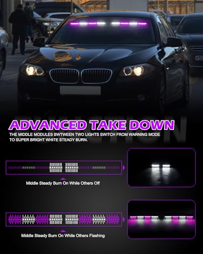 HLauto 604N Emergency Dash Strobe Lights: 2x16.8 inch Purple White Security Light w/Take Down, 48 LED Safety Flashing Warning Hazard Interior Windshield Light Bar for Truck Vehicle - color: #08 Purple / White