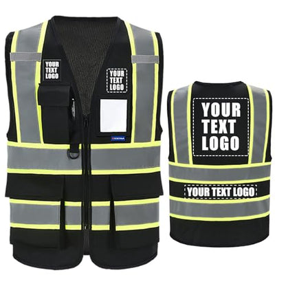 AYKRM Custom Logo Personalised Printed High Visibility Reflective 2 two tone work construction Safety Vest - color: Black, size: 8X-Large