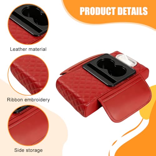 Car Armrest Cushion, 5-in-1 Nappa Leather Vehicle Centre Console Cover with 2 Storage Pockets, Cup Phone & Phone Holder, Multifunctional Auto Organiser Accessories, Universal Fit (Wine Red) - color: Wine Red