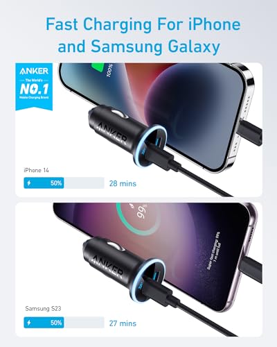 Anker 323 USB-C Car Charger Adapter, 52.5W Cigarette Lighter Charger with 30W PowerIQ 3.0 Fast Charging for iPhone 17/16/15/14/13/12 Series, Galaxy S25/24, Pixel (Car Charger + USB-C Cable)
