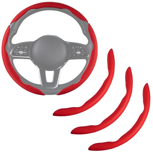 Nappa Leather Car Steering Wheel Cover for Men Women, Ultra-Thin Non-Slip Breathable Microfibre, Universal for 14.5"-15" Steering Wheel - Red - color: Red