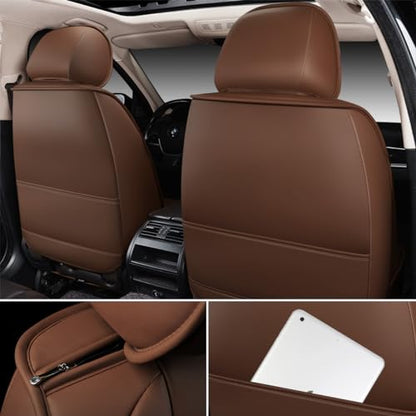 OASIS AUTO Car Seat Covers Full Set Premium Waterproof Faux Leather Cushion Universal Accessories Fit SUV Truck Sedan Automotive Vehicle Auto Interior Protector (013-Brown) - color: 013-Brown