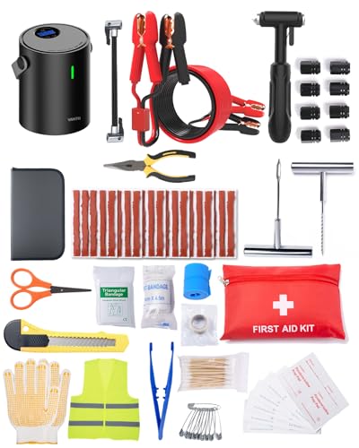Emergency Kit - Tire Inflator Portable Air Compressor & Jumper Cables for Car - Winter Auto Assistance Kit with Tow Straps, Car Safety Hammer, Tire Repair Kit, & First Aid Kit