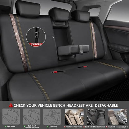 CAR PASS Bling Diamond Car Seat Covers Full Sets, Shining Rhinestone Waterproof Faux Leather, with Zipper, Universal Fit Automotive Glitter Crystal Sparkle Strips Cute Women Girl, Champagne Gold - color: Champagne Gold Diamond, size: Full Set