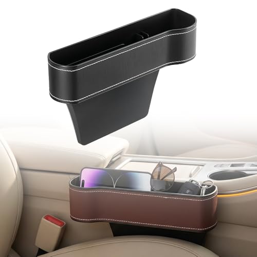 Car Seat Gap Filler Organizer, 2026 New Premium Leather Console Organizer for Holding Phone, Sunglasses, Auto Console Side Storage Box with Cup Holders 2 Seat Hooks for Drink (Black, Passenger Seat) - color: Black, size: Passenger Seat