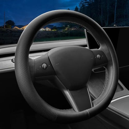 LKWLIKEI Nappa Leather Ultra-Thin Steering Wheel Cover, for Tesla Model 3/Y Steering Wheel Cover, Non-Slip Design and Interior Modification of car Accessories (Black) - color: Black2