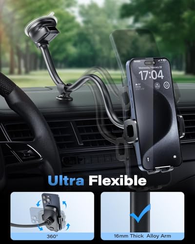 1Zero Solid Car Truck Phone Mount Holder with 14-Inch Gooseneck Long Arm, Windshield Window Mobile Holders w/Industrial-Strength Suction Cup, Anti-Shake Stabilizer Compatible All Cell Phones iPhone - color: Black Mirror Surface with Silver Ring