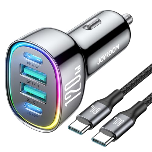 120W for iPhone 17 Pro Max Car Charger, Dual PD 60W & QC 3.0 Cigarette Lighter USB Charger with 60W Type C Cable, Car Charger USB C, Car Accessories for iPhone 17/16 Pro/Air, Galaxy S25, iPad, MacBook - color: Black with 3.3FT-60W Cable
