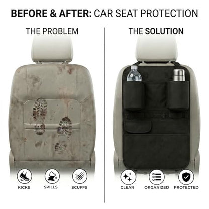 Swigzy Premium Seat Back Organizer & Kick Mat Protector with Large Water Bottle Holders - Cordura Nylon Auto Storage - Laptop Pocket & Sag-Free Adjustable Fit