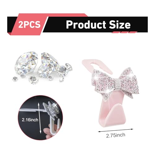 2 PCS Car Seat Headrest Hooks, Bling Rhinestones Crystal Bow Car Purse Hooks, Cute Backseat Storage Hanger for Handbag Purse Coat, Universal for SUV Truck Sedan (Pink) - color: Pink