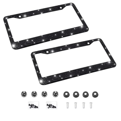 Bling 2PCS Car License Plate Frame, Handcrafted Crystal Stainless Steel License Plate Frame, Sparkly, Durable, Universal Fit, Car Accessories for Girls, Women (Black) - color: Black, size: 2PCS