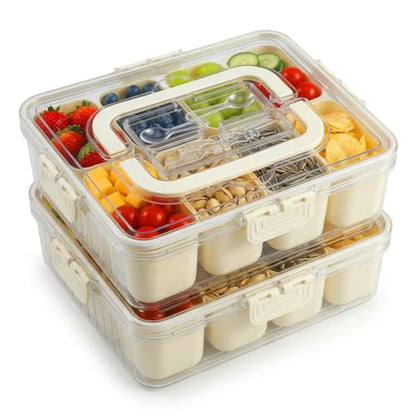 Snackle Box Container 2 Pack | Snack Box Container with Lid, BPA-Free 8-Compartment Divided Serving Tray & Snack Tray with Built-In Utensil Tray | Snack Tackle Box Organizer for Adults & Kids