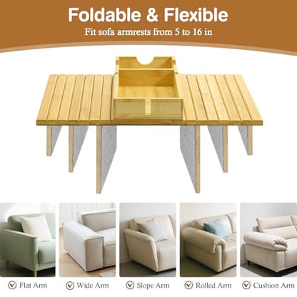 Luxspire Couch Armrest Table, 2-in-1 Magnetic Detachable Sofa Arm Tray with Cup Holder and Phone Holder, Foldable Bamboo Couch Cup Holder for Remote Controls, Phones, Snacks, Cups, Burlywood - color: Burlywood