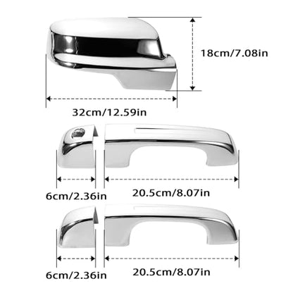 Chrome Mirror Cover +4PCS Door Handle Covers fits Ram 1500 2019-2024 4-Door Extended/Crew Cab Models Only Caps Top Half Left & Right Without Smart Keyholes, Siver Plated