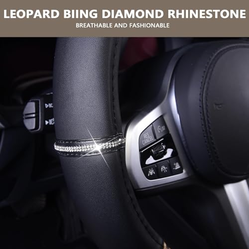 AUTOYOUTH Leopard Steering Wheel Cover - Bling Crystal Rhinestones Cheetah Print on Leather Non-Slip Breathable Design for Women/Girls Universal Fit 14.5-15 Inch(Black & Yellow) - color: BLACK AND WHITE