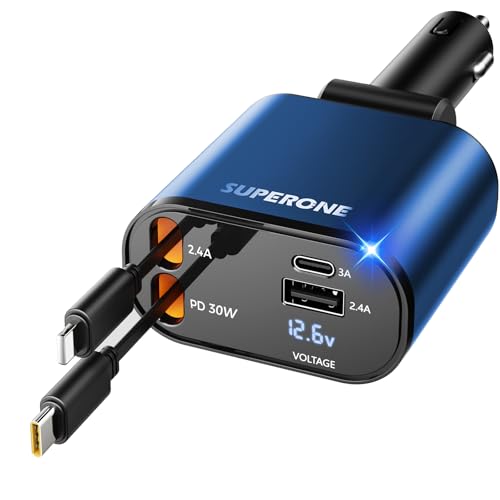 SUPERONE 【Upgraded】 Retractable Car Charger 4 in 1, Fast Car Phone Charger with Cord 2.6ft, USB C and Apple Car Charger Adapter, Compatible with iPhone 17/16/15/15 Pro Max/14/13/12/11, Galaxy, Pixel - color: Blue
