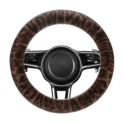 Fluffy Cheetah Car Steering Wheel Cover Luxurious Faux Fur Leopard Print Cute Wheel Protector Universal 15 Inch Fit for Vehicle, Car, Auto, SUV Winter Warm (Coffee) - color: Coffee
