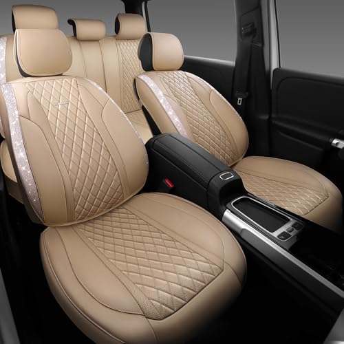 CAR PASS Beige Leather Bling Car Seat Covers Full Set, Luxury Microfiber Nappa PU Cushioned, Waterproof Anti-Slip Universal Fit for Auto SUV Sedan Sparkly Glitter Shining Rhinestone, Beige Diamond - color: Beige Diamond, size: Full Set