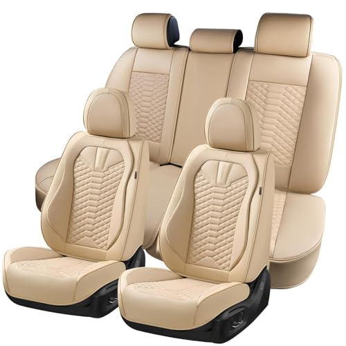 Coverado Car Seat Covers Full Set, Waterproof Nappa Leather Seat Covers for Cars, Universal 5 Seats Car Seat Covers, Front and Back Car Seat Protector, Auto Seat Covers Fit for Most Cars, Beige - color: Beige, size: Fullset