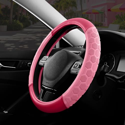 PIC AUTO Massage Steering Wheel Cover, Pink Football Pattern Material Spliced & Hotpink Leather Car Steering Wheel Cover, Car Steering Cover, Universal Fit 14.5"-15.5" for Cars, Trucks, Van, SUVs - color: Hotpink