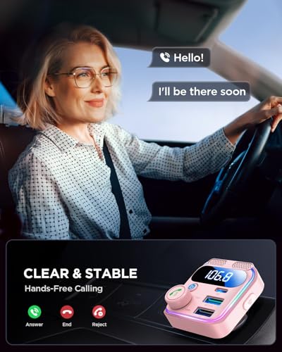 JOYROOM Bluetooth 6.0 Car Adapter FM Transmitter 81W Fast Charging Cigarette Lighter Hands-Free Calling Support USB Drive, Pink - color: Pink