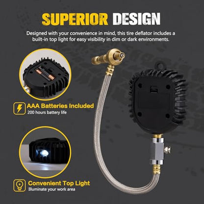 BUNKER INDUST Digital Tire Pressure Gauge, 0-250 PSI Heavy Duty Air Guage for car, Truck, and Off-Road Vehicle- Reliable Accuracy-Backlit LCD Display, Tire Deflator with Built-in Top Light