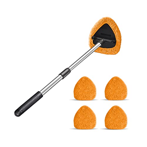 Windshield Cleaning Tool, Car Window Cleaner with 4 Washable Reusable Microfiber Pads, Extendable Long Handle Glass Wiper Cleaning Kit, Auto Accessories Universal for Office and Home (Orange) - color: Orange