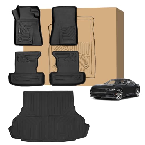 Peleus Floor Mats for Ford Mustang 2015-2025 2026 (NOT for Mach-E,Cargo w/o Subwoofer Box),TPE All Weather Protection 2 Rows Car Floor Liners with Cargo Liner for Ford Mustang Trunk Mat+Floor Mats - style: For Ford Mustang 2015-2025