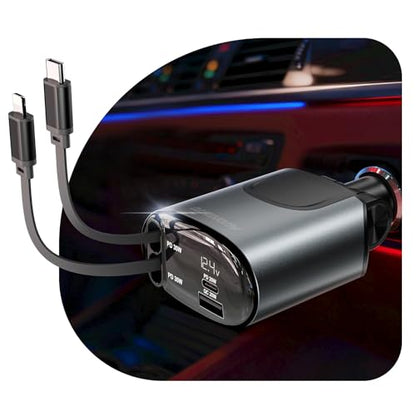 Retractable Car Charger, 100W Car Phone Charger with Cables Fast Charging,Cigarette Lighter USB Charger for iPhone 17 16 15 14 13 12 11 Galaxy Pixel,Travel Essentials Car Accessories Gifts for Him Her