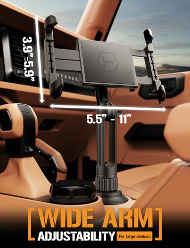 ToughTested Heavy Duty Cup Holder Tablet Mount for Car, iPad Cup Holder Mount with 360° Rotating Arm, Anti-Vibration Adjustable Holder for Tablets up to 13", Universal for Trucks, SUVs, Vans & GPS