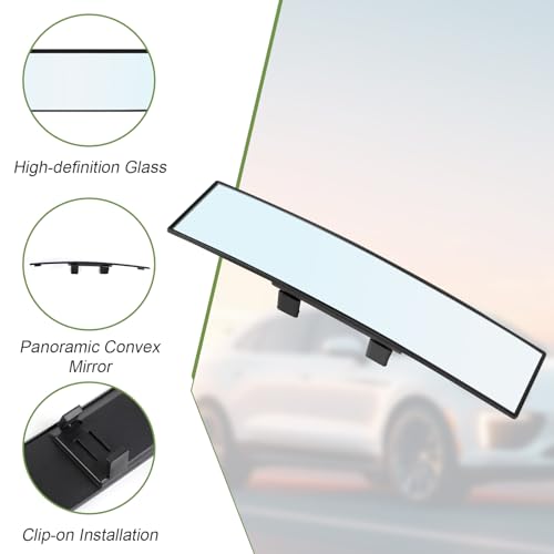 REGUICORP Rear View Mirror, 12 Inch Universal Wide Angle Rear View Mirror Accessories Panoramic Convex Clip-on for Cars, SUVs, Trucks, Vehicles