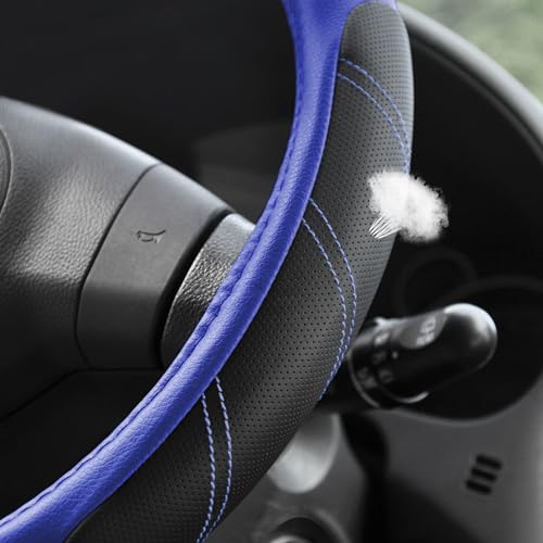 Elantrip Steering Wheel Cover Leather 14 1/2 to 15 inch Universal Padded Soft Grip Breathable for Car Truck SUV Jeep Anti Slip Blue and Black - color: Black and Blue, size: 14 1/2 - 15 inch