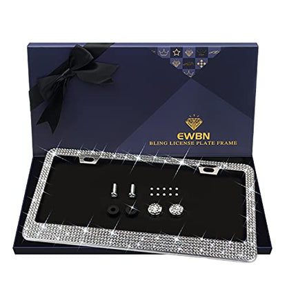 1Pack Bling Rhinestone License Plate Frame for Women，Diamond Sparkly License Plate Frames| Stainless Steel Frames & Over 1200 pcs Finest 14 Facets Black Glass Crystals Premium Diamond+GiftBox (White) - color: White