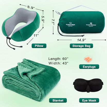 urnexttour Travel Pillow and Blanket Set Neck Pillows Travel Essentials with Sleep Mask for Airplane Car Memory Foam Green - color: A-green