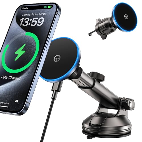 for MagSafe Car Mount Charger Dash/Windshield/Vent Wireless Car Charger with [LED Light], Strong Magnetic Phone Holder for Car for iPhone 17 16 15 14 13 12 Series, Fit MagSafe Accessories - color: Black