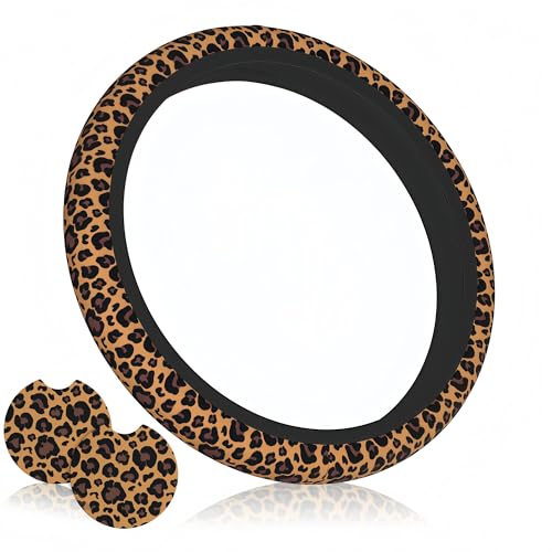 Leopard Print Steering Wheel Cover for Women, Universal Fit 14-15 Inch, Breathable Anti-Slip Car Wheel Protector with 2 Coasters, Cheetah Animal Print Design - color: Brown Leopard