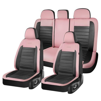 Coverado Car Seat Covers Full Set, Luxury Leather Car Seat Covers, Automotive Front and Rear Mesh Seat Covers, Full Set 5 Seats, Pink Black Seat Covers for SUV Sedan Truck - color: Pink&Black, size: Fullset