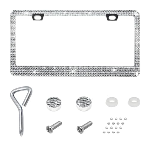 Bling License Plate Frame, Stainless Steel Glitter Crystal Diamond License Plate Cover Holder, Sparkly Bedazzled Rhinestone Car Tag Covers for Women, Car Accessories (White) - color: White, size: 1PCS
