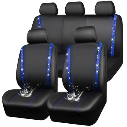 CAR PASS Bling Diamond Car Seat Covers Full Set, Shining Rhinestone Waterproof Faux Leather, Rear with Zipper, Universal Fit Automotive Glitter Crystal Sparkle Strips for Cute Women Girl, Blue - color: Blue Diamond, size: Full Set