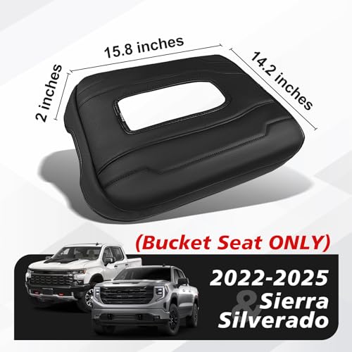 Muslogy Center Console Armrest Cover Fit for Chevy Silverado & GMC Sierra 1500 2500 3500 2022-2026 Accessories, Comfort Armrest Pad Console Lid Cushion Vegan Leather Regular Thick(Bucket Seat ONLY) - size: 1) 22-25 |Silverado & Sierra| Bucket Seat, Regula