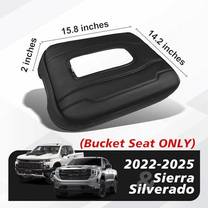 Muslogy Center Console Armrest Cover Fit for Chevy Silverado & GMC Sierra 1500 2500 3500 2022-2026 Accessories, Comfort Armrest Pad Console Lid Cushion Vegan Leather Regular Thick(Bucket Seat ONLY) - size: 1) 22-25 |Silverado & Sierra| Bucket Seat, Regula