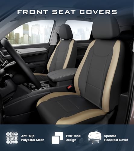 Premium Waterproof Car Seat Cover Full Set, Front and Rear Split Bench Seat Covers for Cars with Thicker Padding, Easy to Install Car Seat Cover Set (Grey) (Beige)