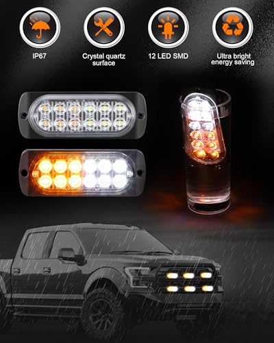 Leelosp 20 Pcs 12 LED Strobe Lights for Tow Trucks Construction Vehicles Surface Mount Emergency Hazard Beacon Safety Warning Lamps Flashing 12-24V Grille Head for Car Accessories (Amber and White) - style: Amber and White