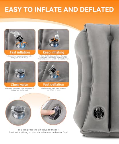 Sunany Travel Pillow, Upgraded Plane Pillow for Long Flights, Inflatable Neck Pillow Used for Airplanes,Cars,Buses,Trains,Office Napping with Eye Mask,Earplugs (Gray) - color: Grey (Head Heart-shape&sloping Base)